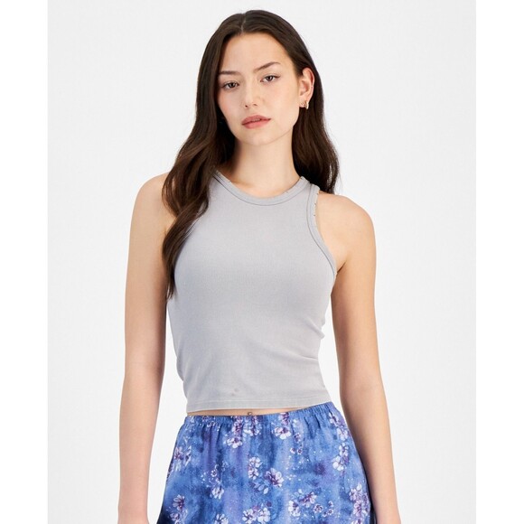 Planet Heart Juniors' Distressed Ribbed Seamless Tank - Ultimate Grey, S - Picture 2 of 2